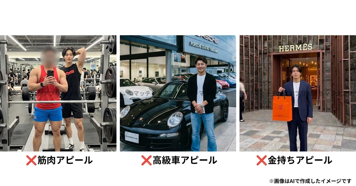 筋肉・高級車・ブランド品など自己アピールが強すぎるマッチングアプリ写真の例