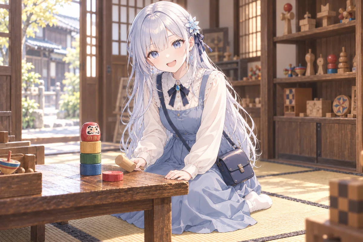 からくりおもちゃ館をモデルにした空間で、だるま落としの成功を読者に見てほしくて身を乗り出すツムギ。