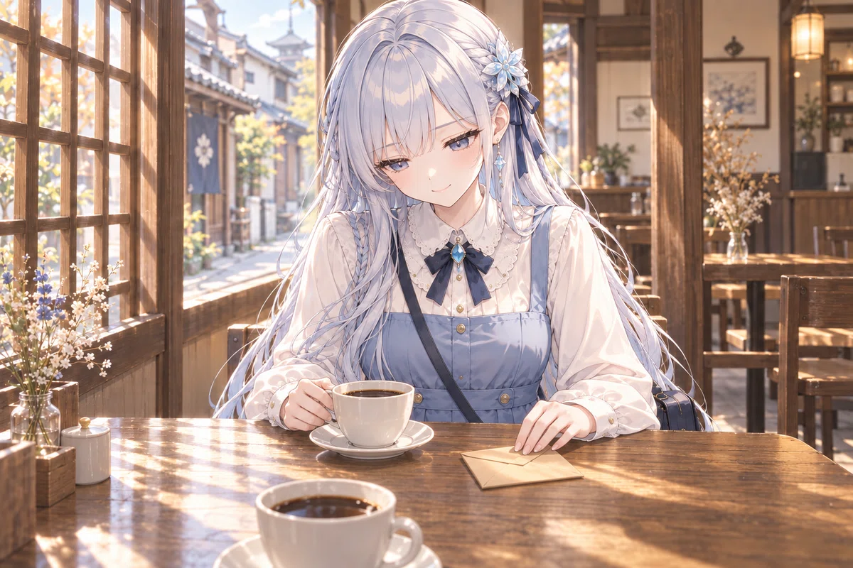 架空の喫茶店でハンカチの包みに視線を落とし、紙の端を大切そうになでるツムギ。