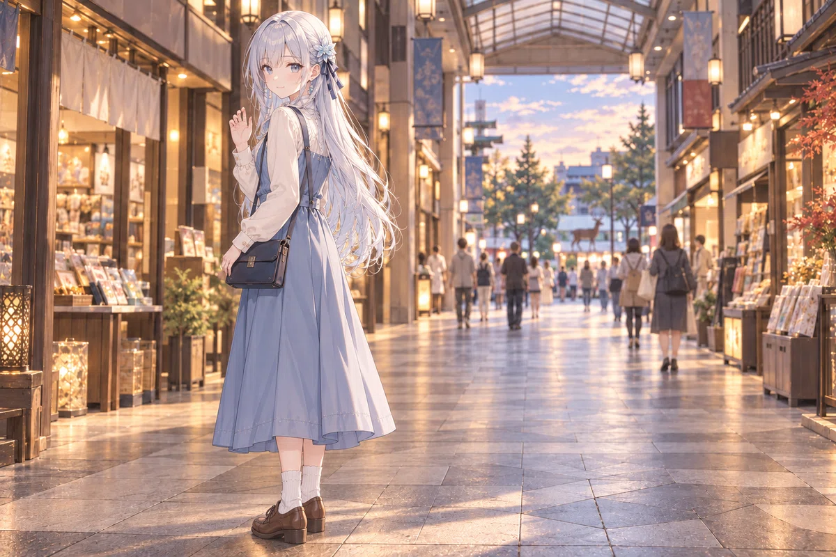 東向商店街をモデルにした帰り道で、足を止めて読者を見つめるツムギ。