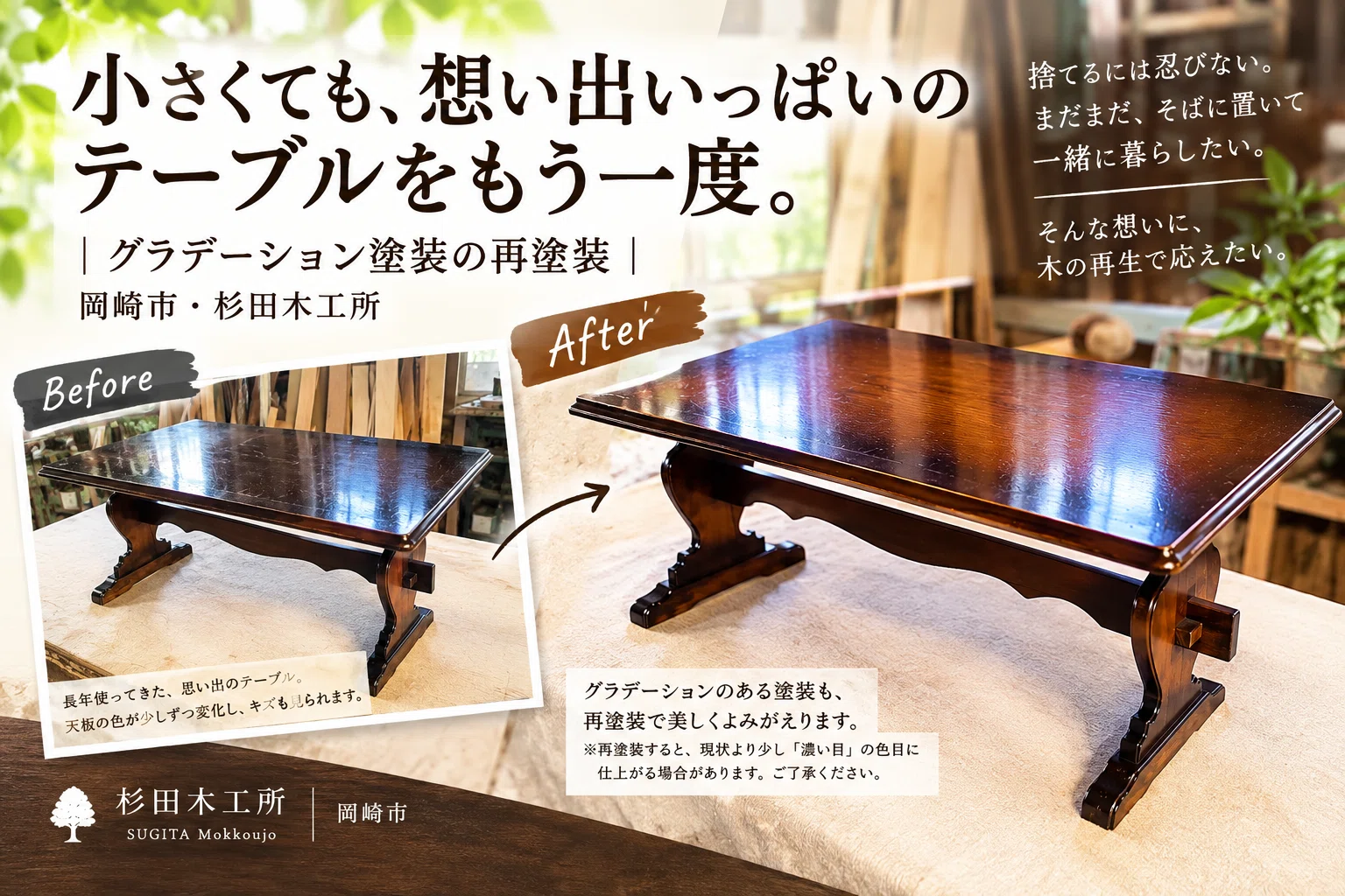 木製　センターテーブル　再塗装済　USED 🫟小さくても、想い出いっぱいのテーブルをもう一度。｜グラデーション
