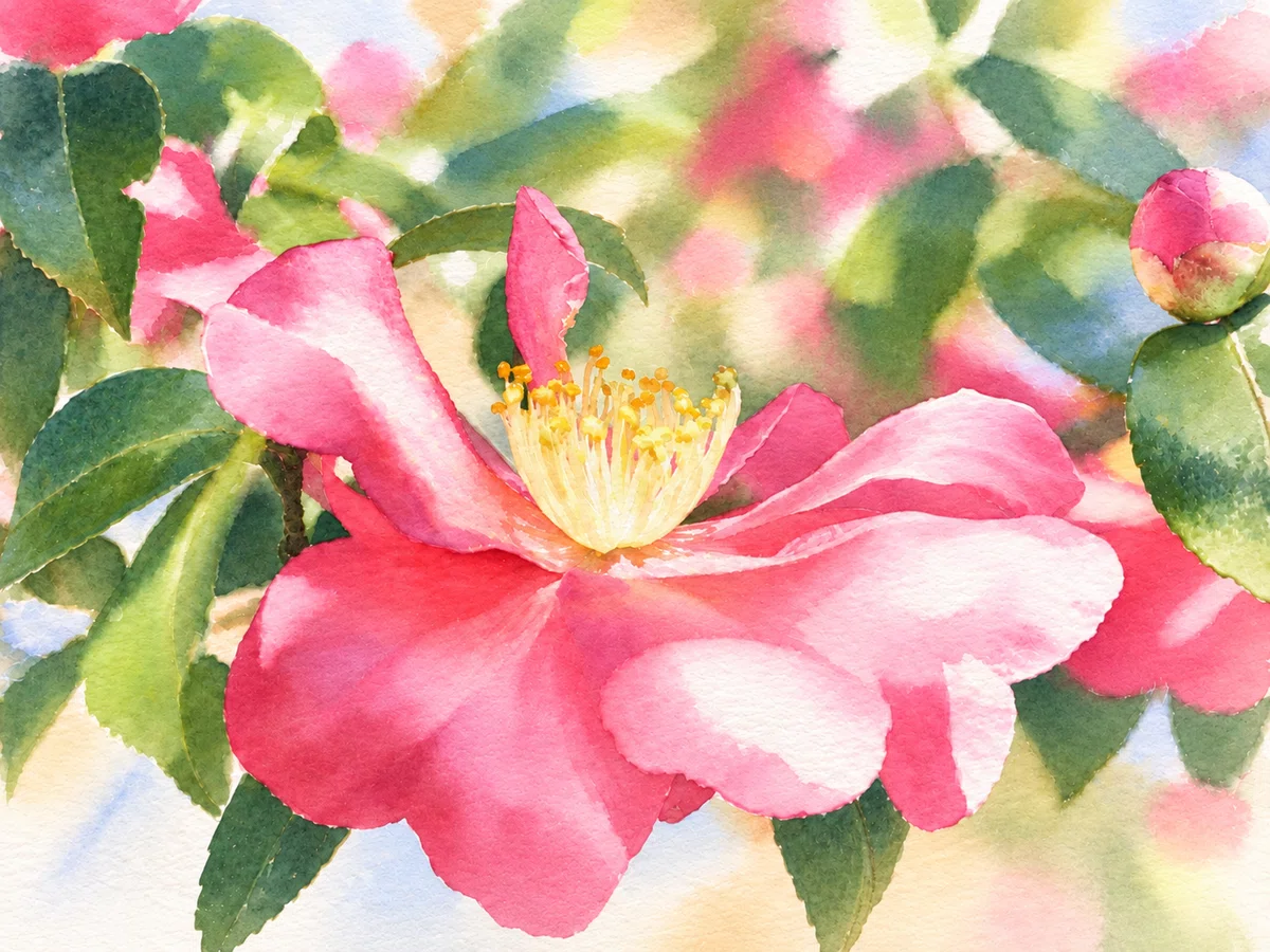 描き方解説GPT:04]源氏山公園の山茶花:水彩画《基本スタイル》：GPT