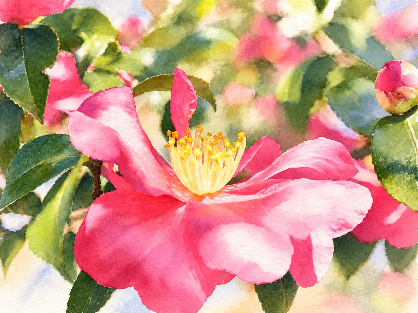 描き方解説GPT:04]源氏山公園の山茶花:水彩画《基本スタイル》：GPT