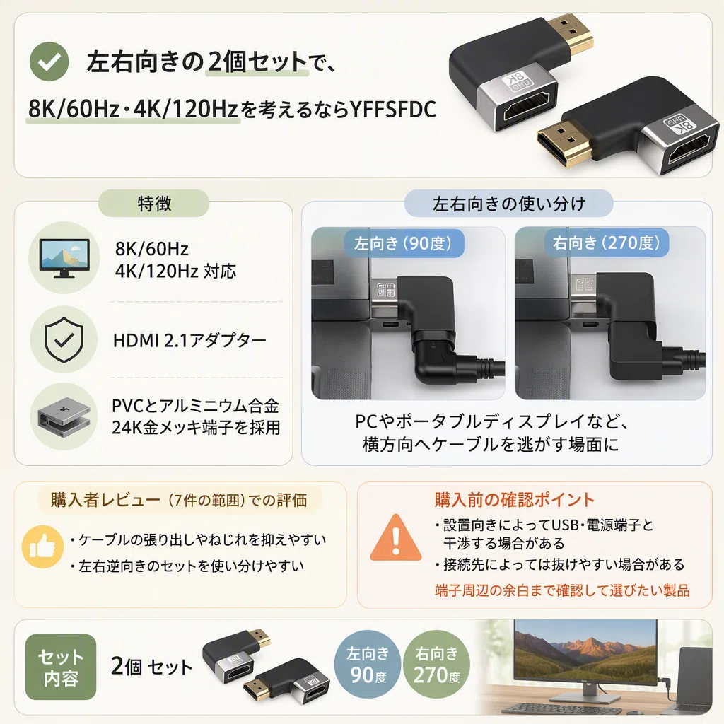 HDMI L字変換アダプターは向きで選ぶ。90度・270度と4K・8K対応の違い