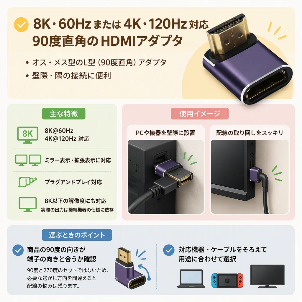 HDMI L字変換アダプターはどう選ぶ？90度・270度と4K/8K対応の確認