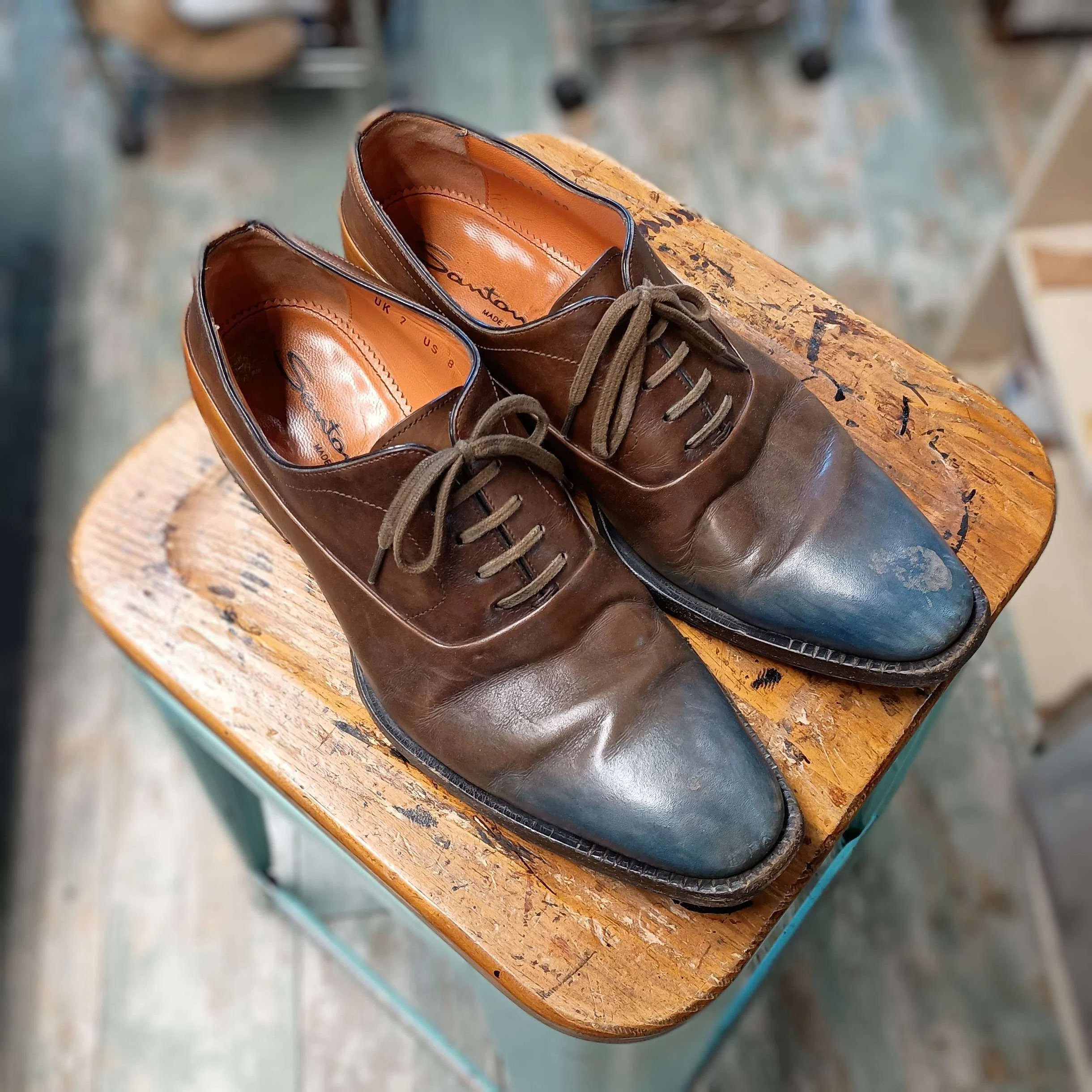 【新品,完品】Santoni サントーニ パティーヌ 革靴【激レア品,厚底】 シューリペア/靴修理】Santoni/サントーニのトップリフト交換+靴磨き