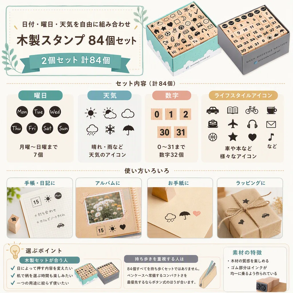 手帳用スタンプはボタン式6柄セットと木製84個セットのどちらを選ぶ