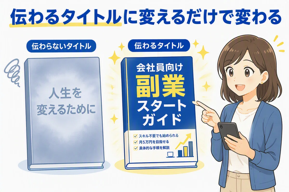 タイトルが伝わる本と伝わらない本を対比したイラスト。左側にはモヤがかかった抽象的なタイトルの本、右側には具体的で内容が伝わるタイトルの本が表示されている。スマートフォンを持った人物が明確なタイトルの本を指し示しており、Kindle本のタイトル改善による訴求力の違いを解説するための比較画像。
