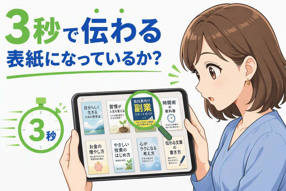 スマートフォンでKindle本の表紙一覧を小さく表示しながら確認している人物のイラスト。画面には複数の電子書籍の表紙が並び、そのうち1冊が虫眼鏡で拡大表示されている。表紙デザインが一覧表示の中でも伝わるかどうかを短時間でチェックする方法を視覚化した、Kindle表紙改善の解説画像。
