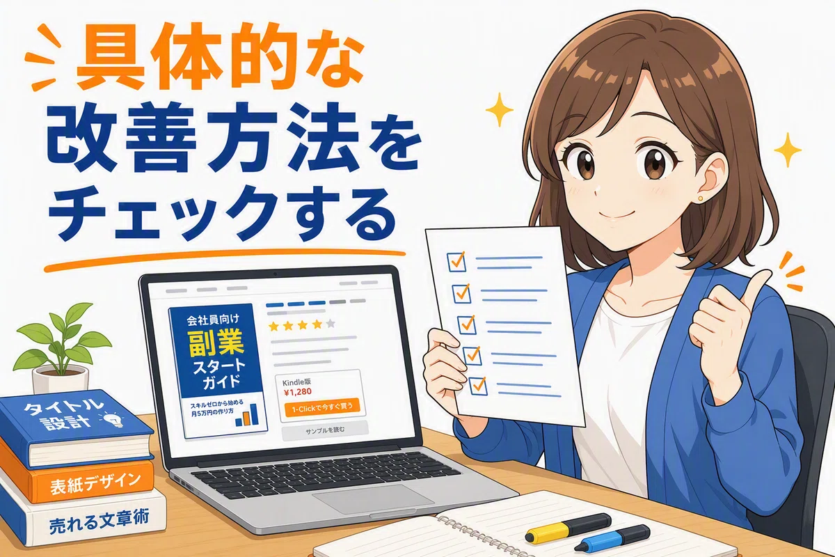 ノートパソコンで電子書籍の商品ページを表示しながら、チェックリストを手に持って確認している人物のイラスト。デスクの上には本やマーカーが置かれており、改善項目を一つずつ見直している様子が表現されている。Kindleの販売ページやタイトル、表紙などを具体的に改善するための実践チェック方法を紹介する有料パートへの導入画像。