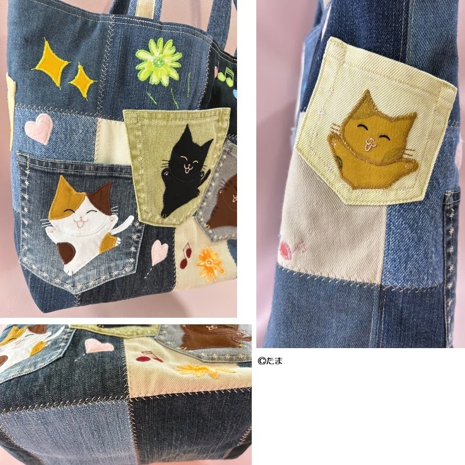 557. リメイクデニムのトートバッグ タイトル；【喜び】｜たま／猫