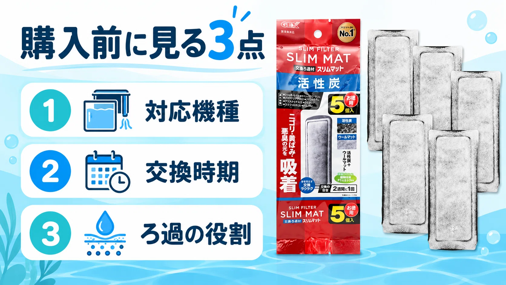 水槽用ろ過材の選び方｜GEX 活性炭スリムマット 5個入｜ミナト｜魚好き