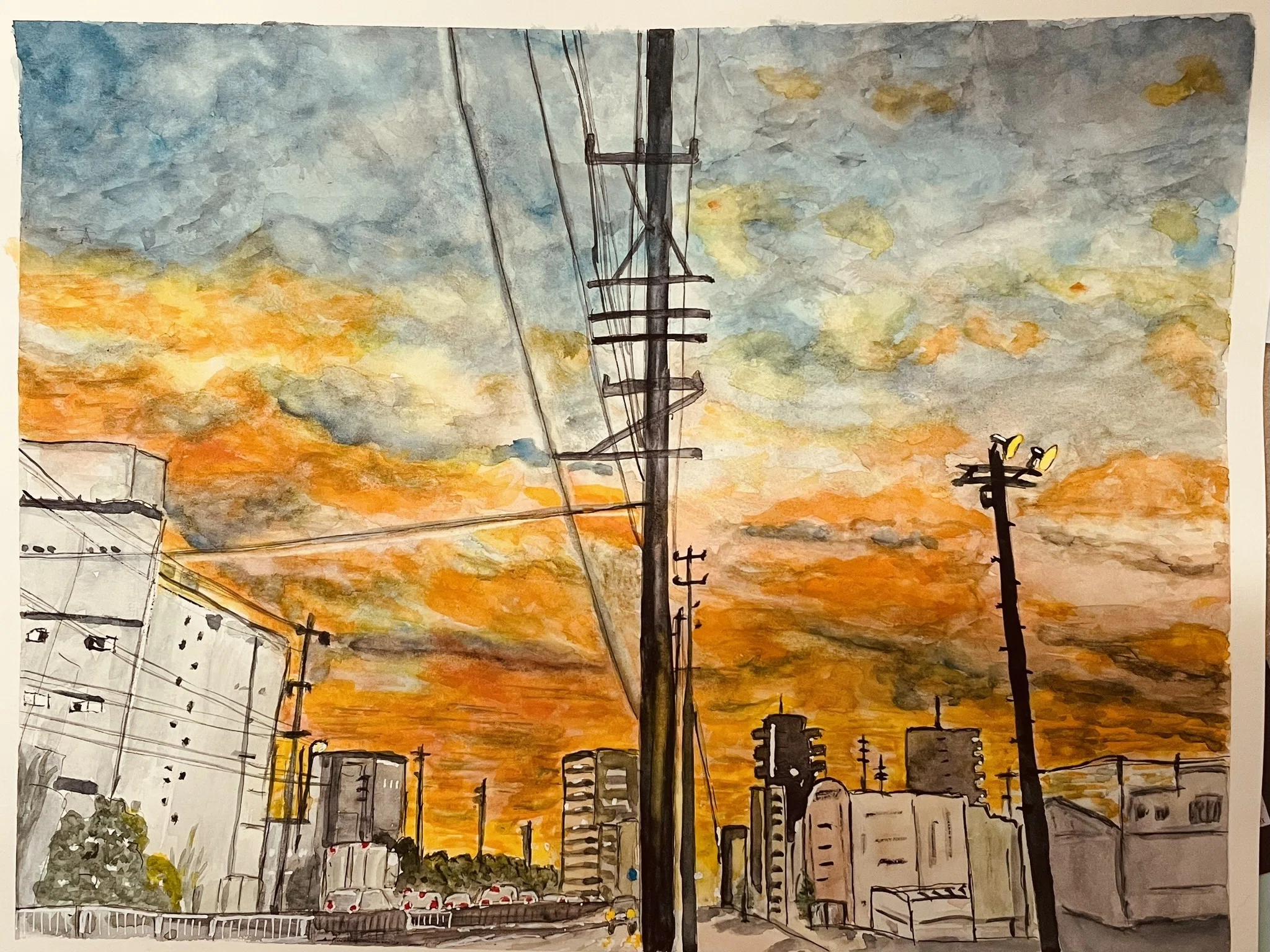 水彩画 - 大雨の翌日の夕焼け空｜ねこママ