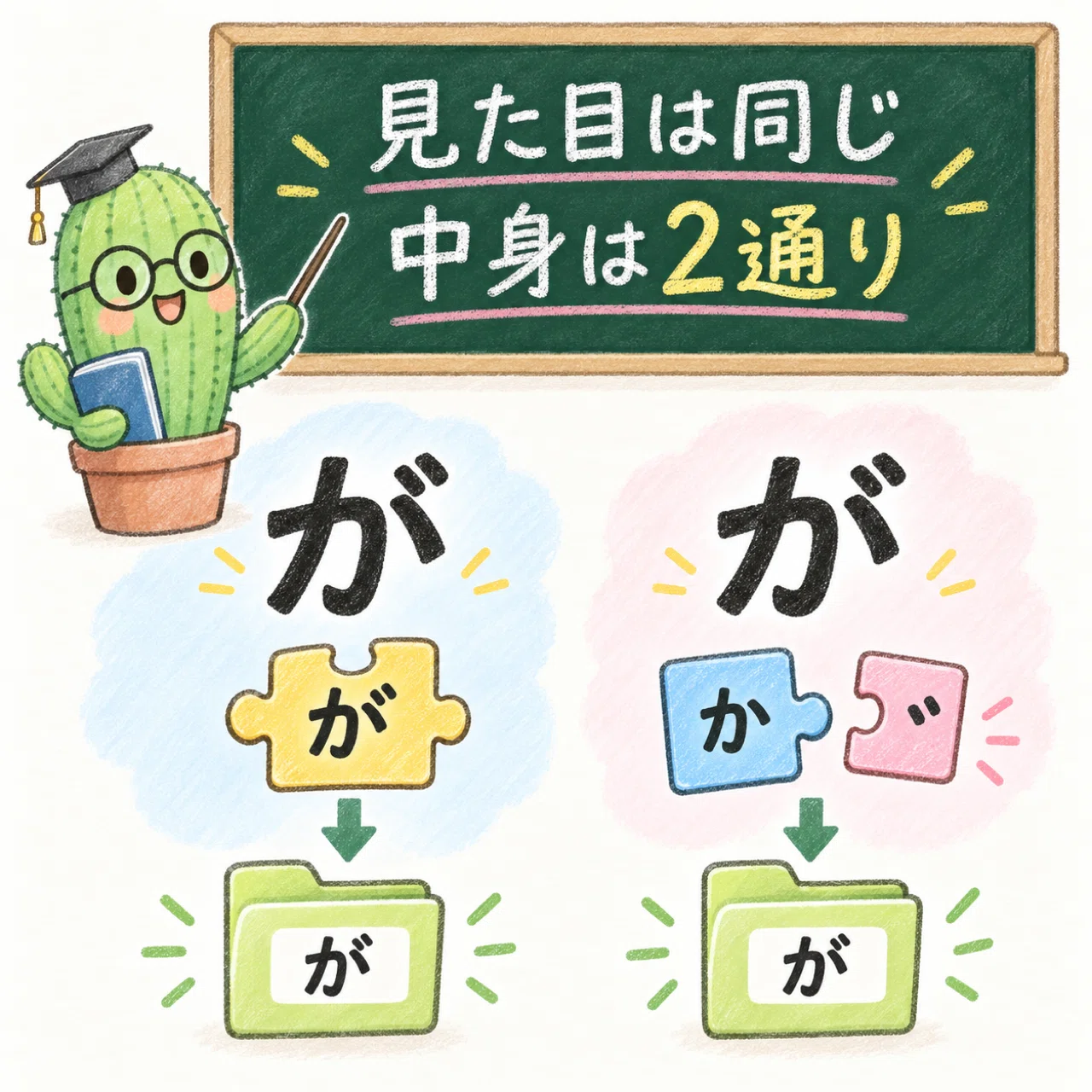 見た目は同じ「が」でも、パソコンの中では2通りに記録できる