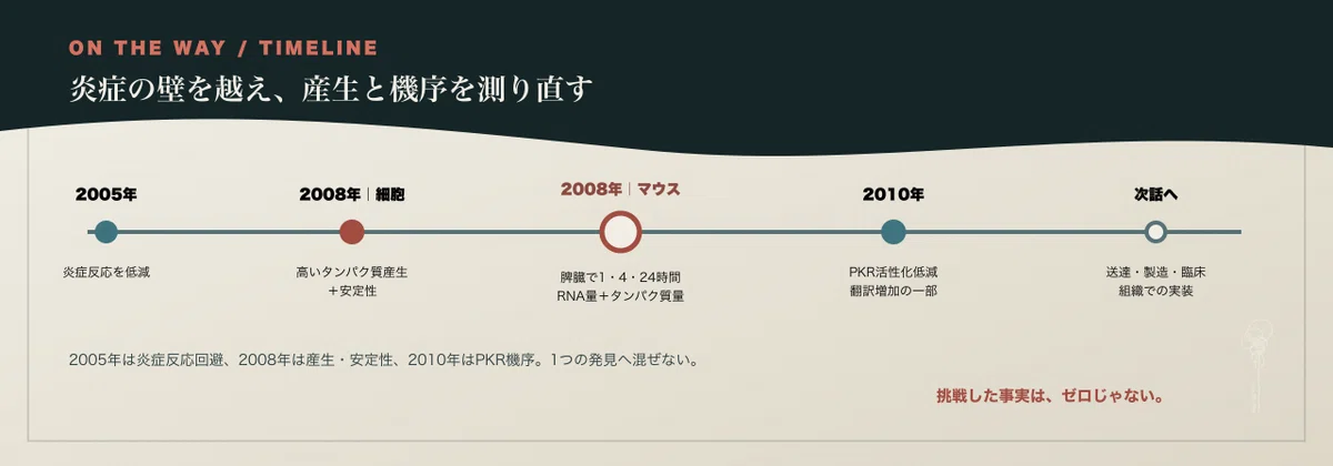2005年の炎症反応回避から2008年の産生・安定性、2010年のPKR機序までを示すOn the Way Timeline