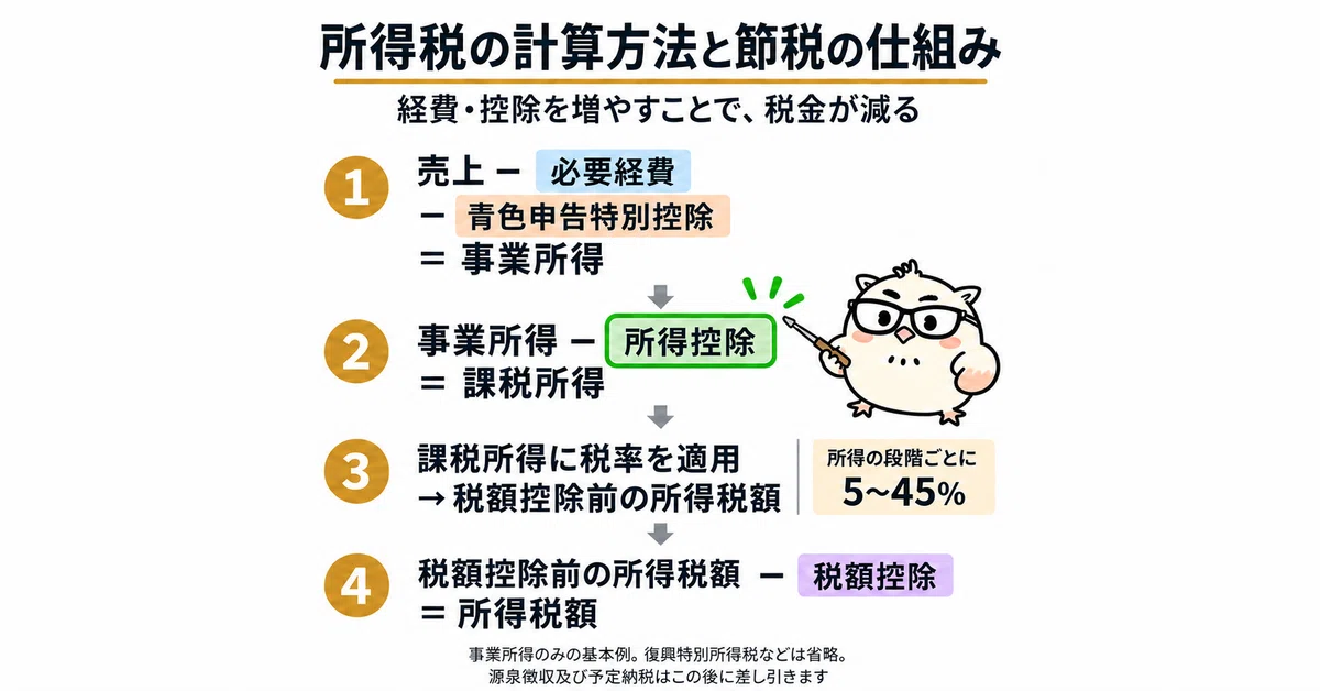 所得税の計算のうち、事業所得から差し引く所得控除を緑色で強調。アウルくんが所得控除を指している。家族や社会保険料などに関する控除で課税所得を減らす。