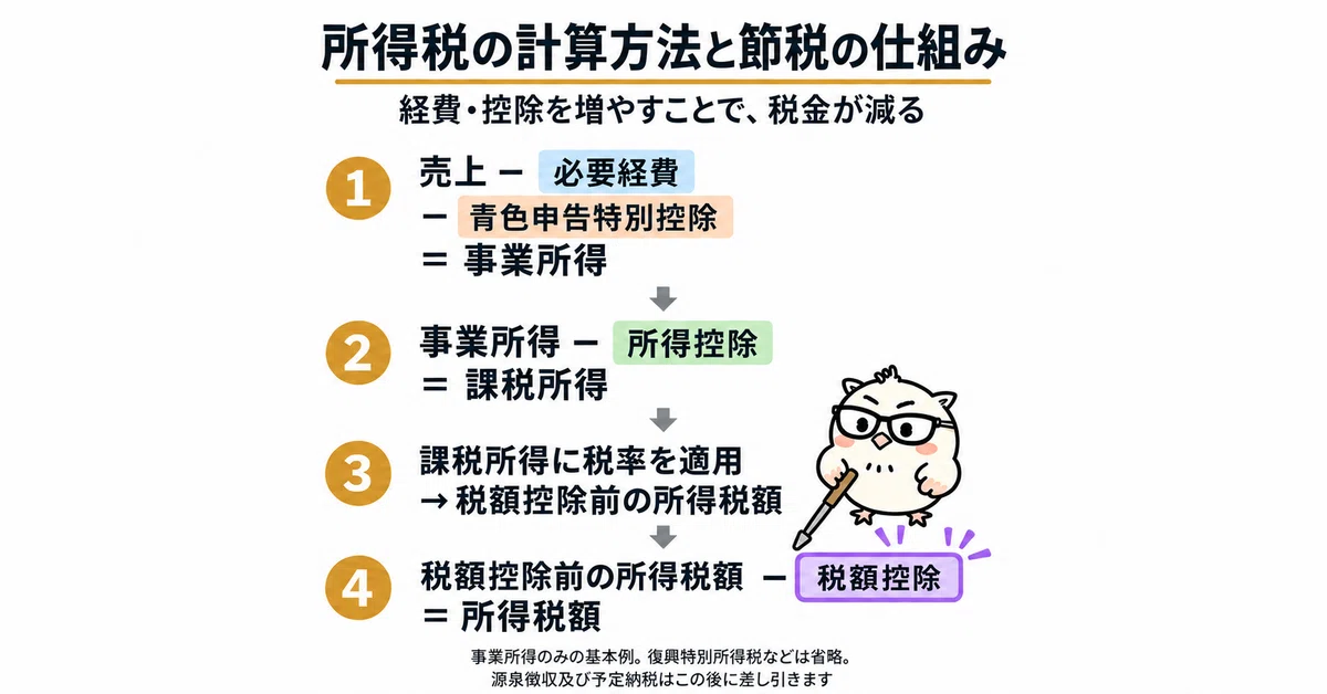所得税の計算のうち、計算した税額から差し引く税額控除を紫色で強調。アウルくんが税額控除を指している。所得控除と異なり、税額そのものを減らす。
