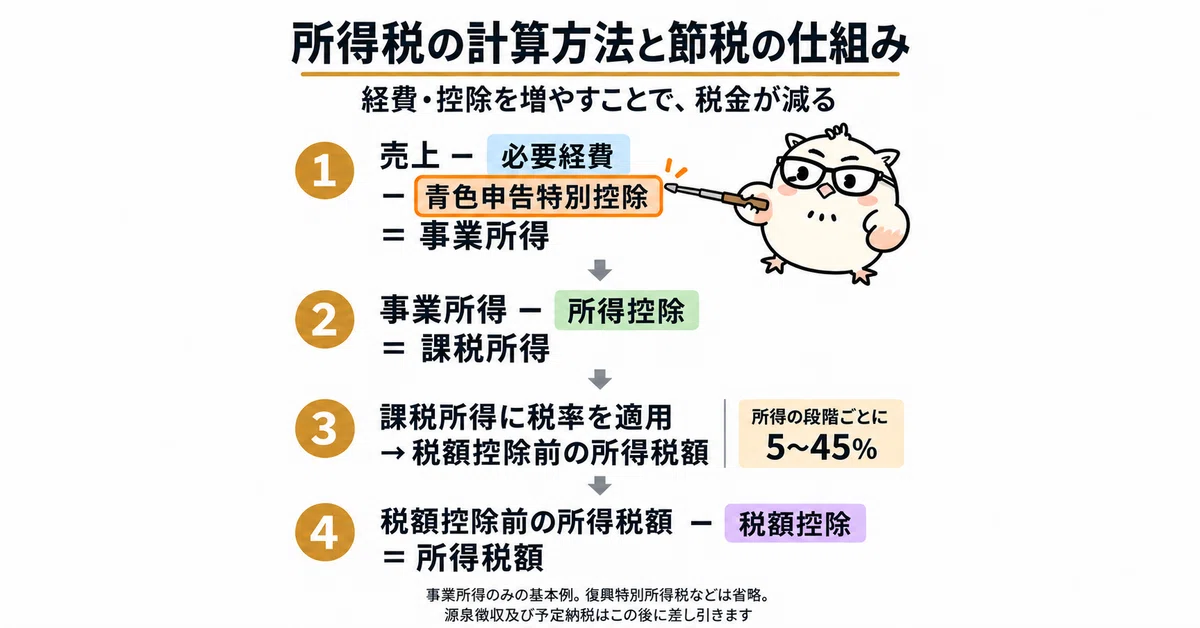 所得税の計算のうち、事業所得を求める段階の青色申告特別控除をオレンジ色で強調。アウルくんが同控除を指している。所得控除より前の段階で差し引く制度である。