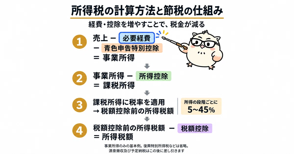 所得税の計算のうち、売上から差し引く必要経費を青色で強調。アウルくんが必要経費を指している。事業に必要な経費を漏れなく計上すると、事業所得と課税所得が減る。