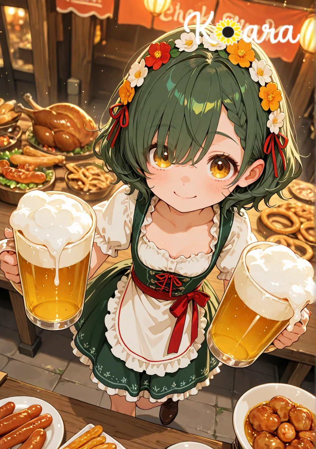 希少✨ヴィンテージ　チロルベスト 42 ディアンドル ビスチェ ベルベット 緑 🐨― Prost!（乾杯!） ―🌻〖ディアンドルのイラスト〗【vol.351