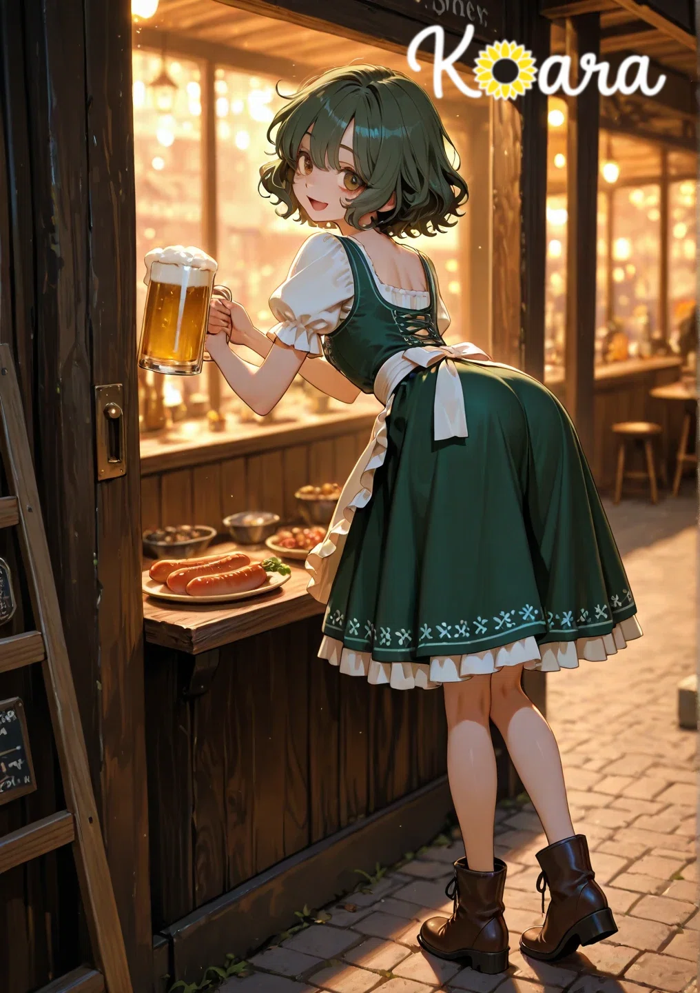 希少✨ヴィンテージ　チロルベスト 42 ディアンドル ビスチェ ベルベット 緑 🐨― Prost!（乾杯!） ―🌻〖ディアンドルのイラスト〗【vol.351