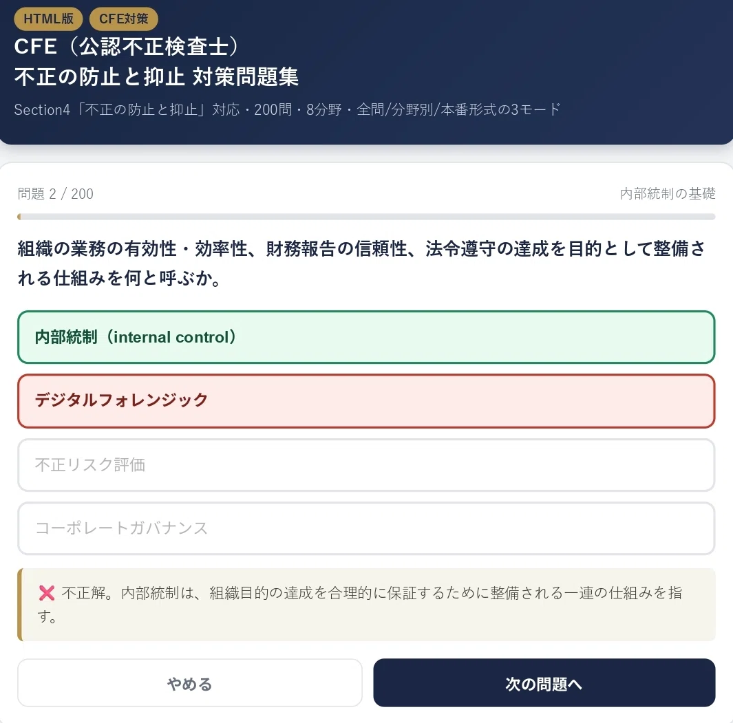 🛡️【HTML版】CFE（公認不正検査士）不正の防止と抑止 対策問題集