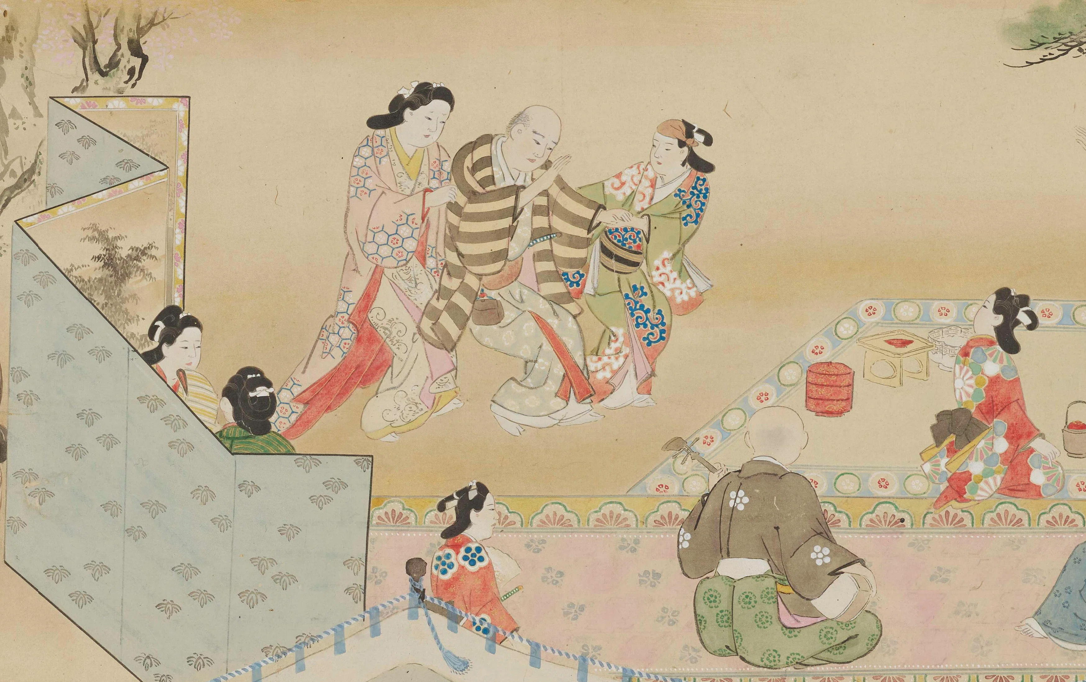 宮川長春、【江戸風俗絵巻・隅田川舟遊び】、希少豪華画集画、新品高級額・額装付 大英博物館展出品作㉛宮川長春《江戸風俗図巻》正徳～享保前期（1711