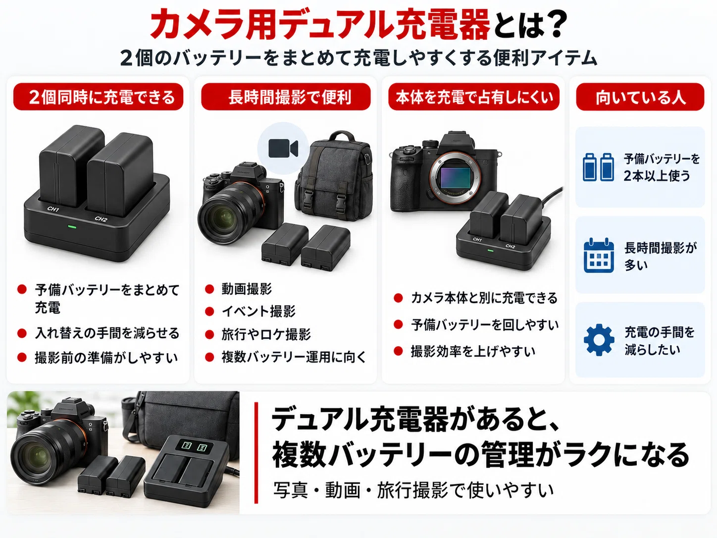 カメラ用デュアル充電器おすすめ8選｜2個同時充電できるバッテリー
