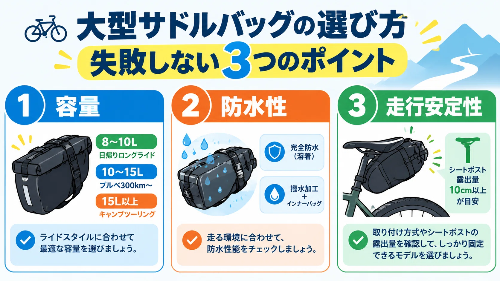 大型サドルバッグおすすめ5選】ロングライド好きが容量・防水・安定性