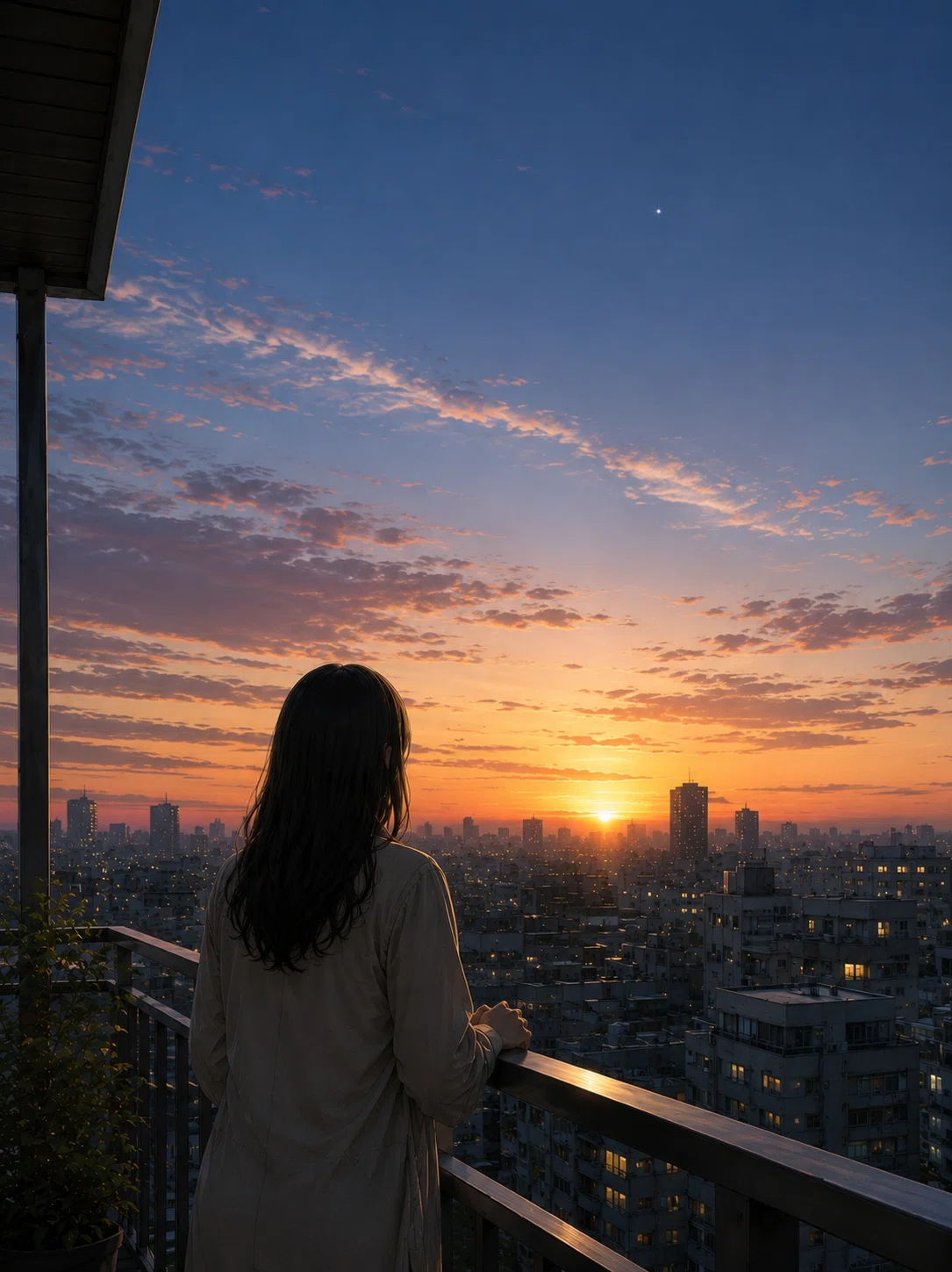 澪が、夕暮れの街を見つめている後ろ姿。 高層階のベランダから、手すりに手を添え、街の向こうに沈みゆく夕日を静かに眺めている。 空は青から淡い紫、オレンジへと移り変わり、夕日に照らされた雲が広がっている。遠くの建物には少しずつ明かりが灯り始め、青い空には小さな星のような光がひとつ見える。 昼と夜の境界に立つ澪の、静かな時間を描いたイメージ。