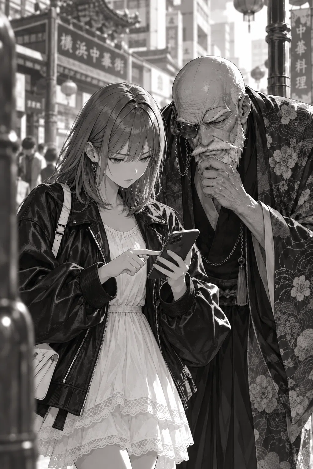 スマホのマップをのぞき込む紅葉と源造の画像