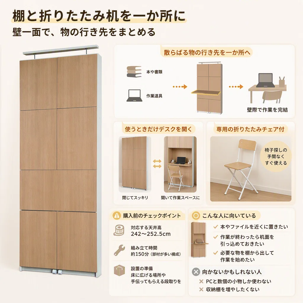 壁収納折りたたみ蕎麦打ち台。収納時場所を取らず、展開時1090x1520mm 壁面収納の折りたたみデスクで食卓の片づけを減らす選び方｜いいもの