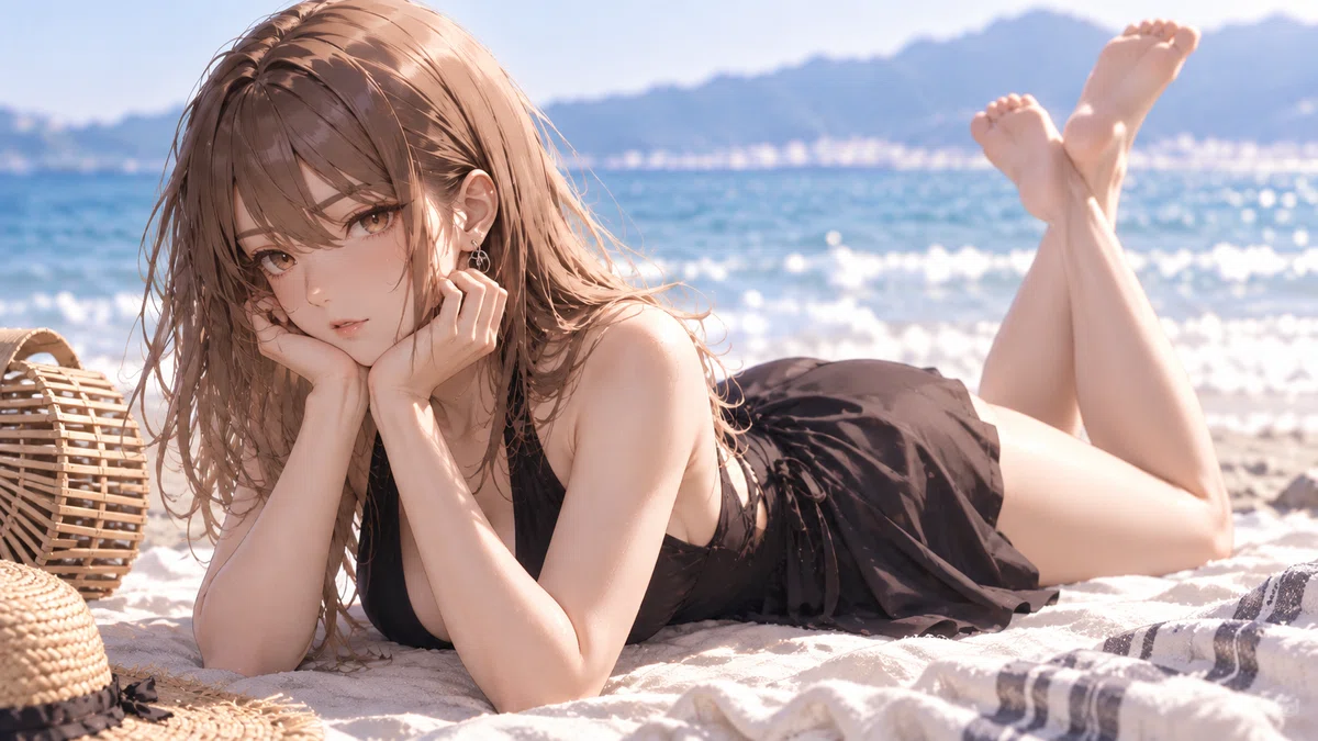 夏の海辺でくつろぐ紅葉の画像