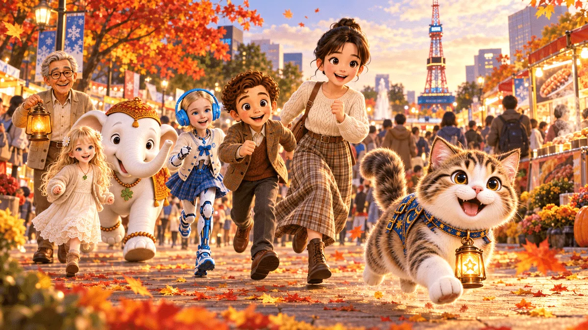 夕暮れのさっぽろテレビ塔と、紅葉した大通公園の秋祭り（オータムフェスト）の屋台を背景に、楽しそうに駆け出す導灯の家のみんな。手前では、ランタンを首に下げたトラ猫（ランタン猫）が満面の笑みで先頭を走り、その後ろを笑顔の娘やランタン親父、クラークくん、ヘッドホンをつけたフィーブル、クリスタル、白い子象のアンコールが賑やかに追いかける3Dアニメ調のイラスト。