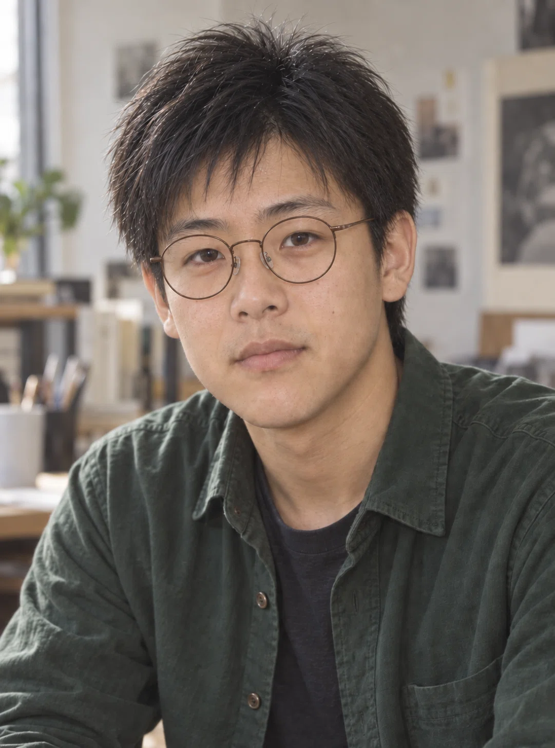 黒髪に丸眼鏡、深緑色のシャツ姿でアトリエにいる男性