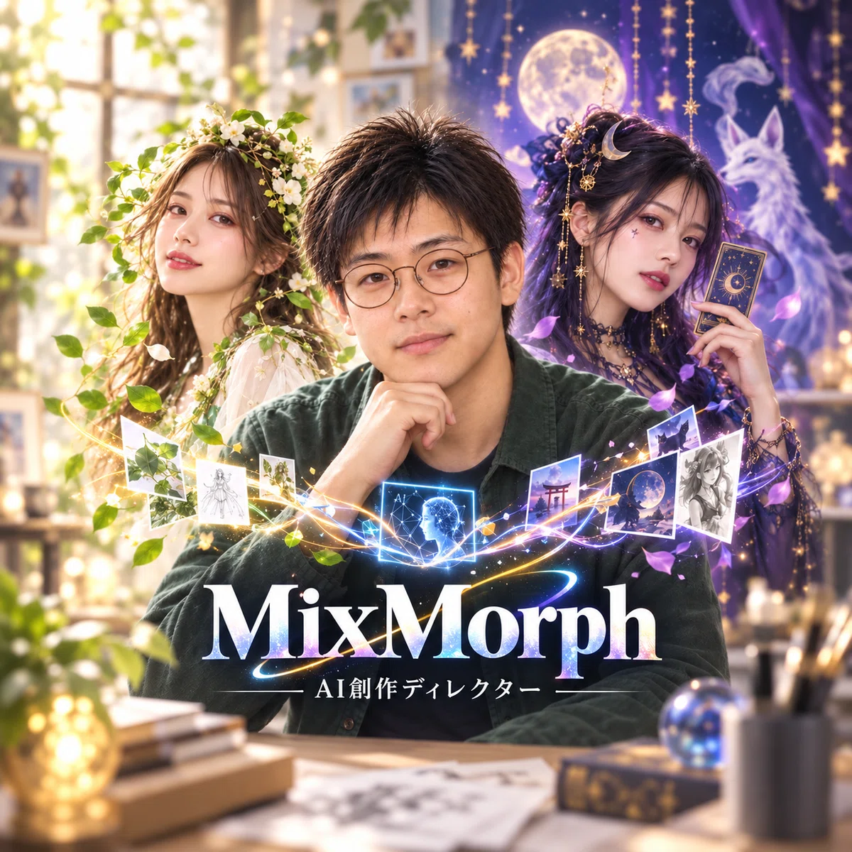 中央の男性と、植物とタロットをイメージした二人の女性を描いたMixMorphのアイコン