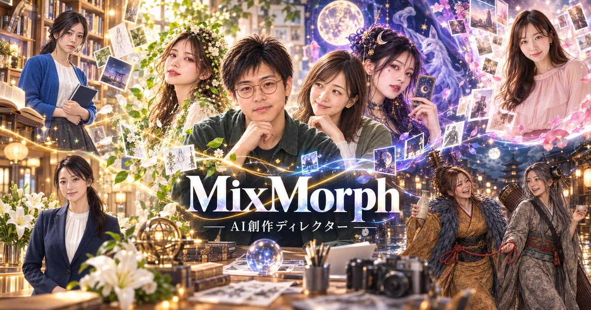 アトリエと京都の夜を背景に、モフとMixMorphの創作から生まれた女性たちが集まる横長画像