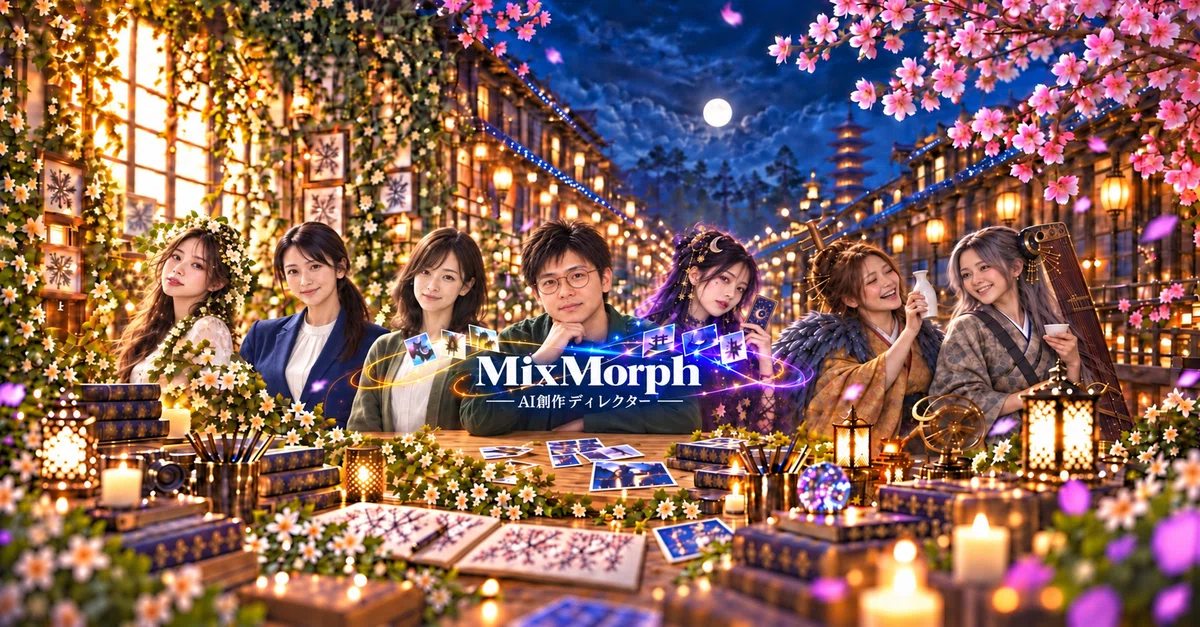 月夜の京都と花のアトリエを背景に、モフを中心とした七人が横一列に並ぶMixMorphのヘッダー