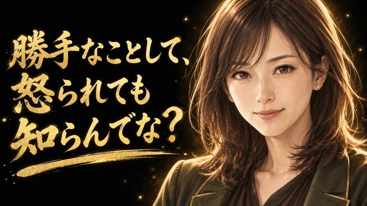 黒い背景。右側に茶色のセミロングヘアの莉奈が正面を見つめ、左側に金色の筆文字で「勝手なことして、怒られても知らんでな？」と書かれている。