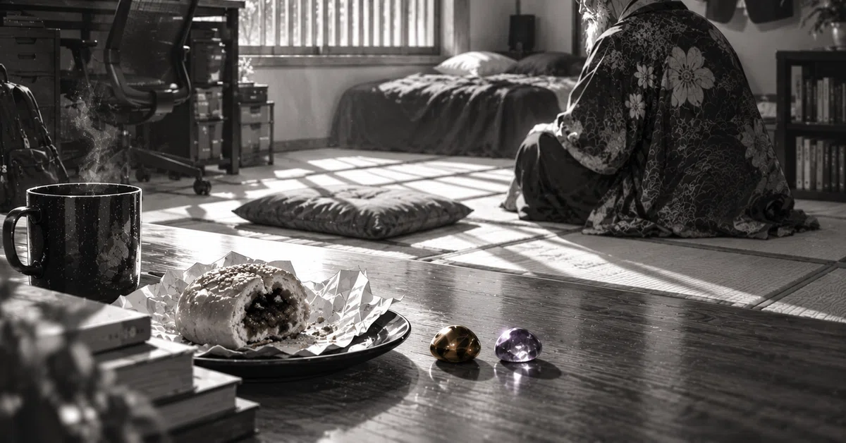 部屋の机の上のタイガーアイと蛍石の画像