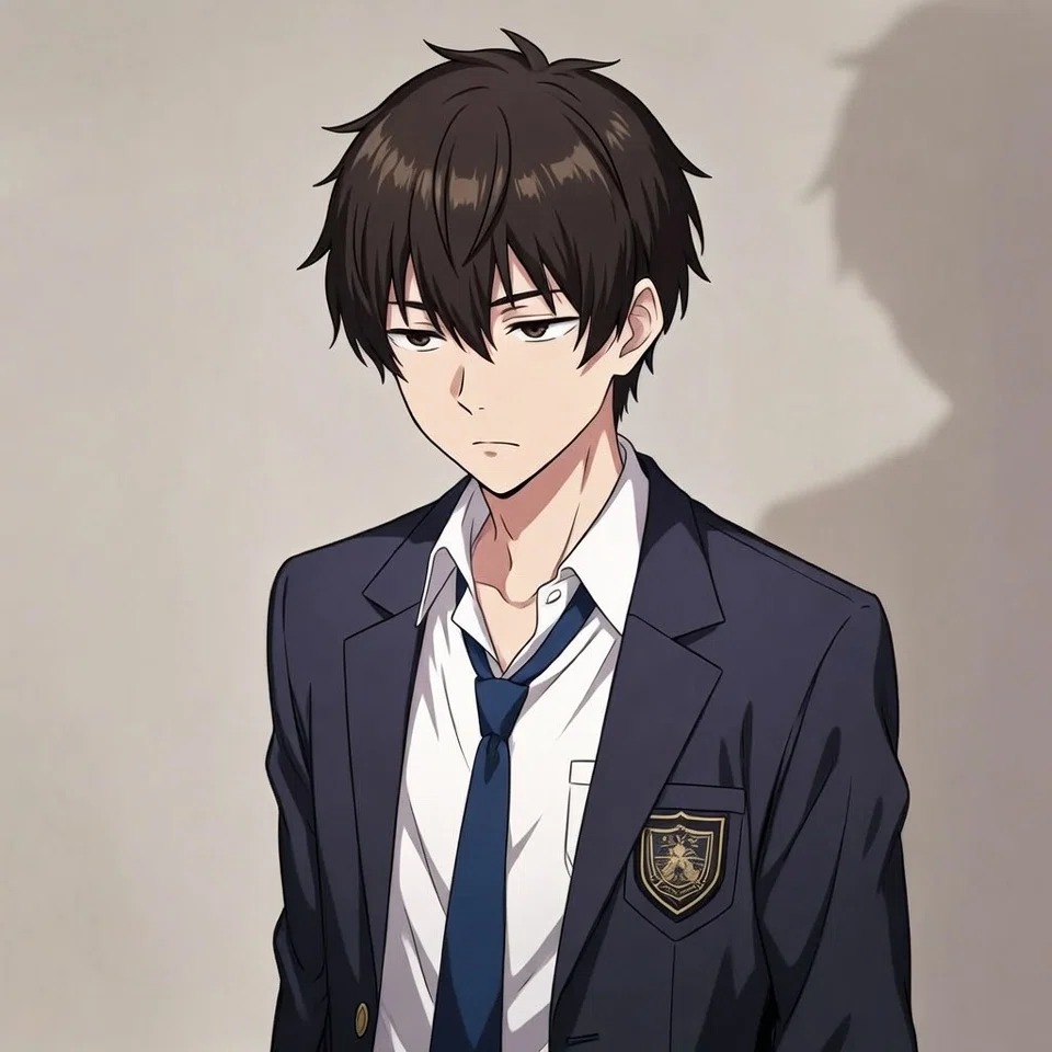 無気力で目つきが悪く、ボサボザ頭の男子高校生のアニメ風イラスト。