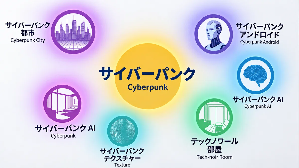 白い背景のインフォグラフィック。中央に黄色い大きな円があり、「サイバーパンク / Cyberpunk」と表示されている。周囲には「サイバーパンク都市」「サイバーパンク アンドロイド」「サイバーパンク AI」「テクノワール部屋」「サイバーパンク テクスチャー」などを表す6つの円形アイコンが配置されている。各円の周囲には紫、青、緑、シアン、黄色などの淡い拡散光が広がり、隣接する円の光がわずかに重なっている。
