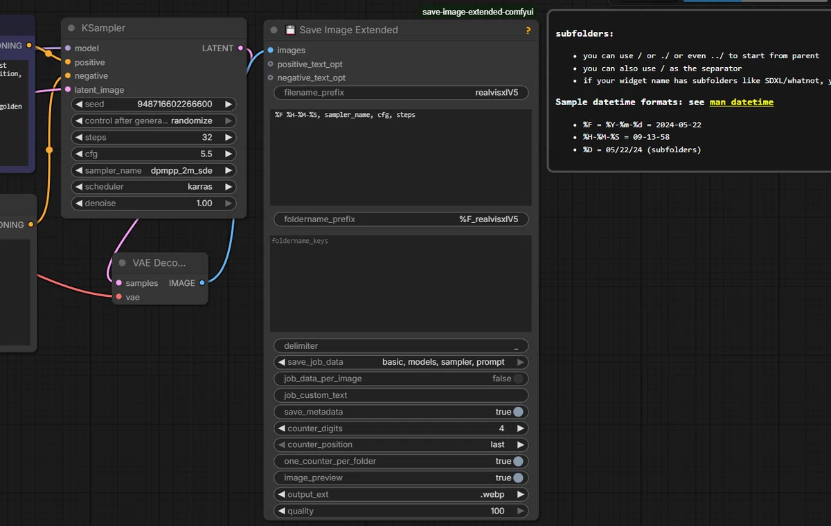 KSampler・VAE Decodeから接続された「Save Image Extended」ノード画面。生成日時やパラメータ（%F %H-%M-%S, sampler_name, cfg, steps）を組み込んだ動的ファイル名設定、4桁の末尾カウンター、プロンプトやモデル情報を含むメタデータ埋め込み設定が一覧化されている様子。