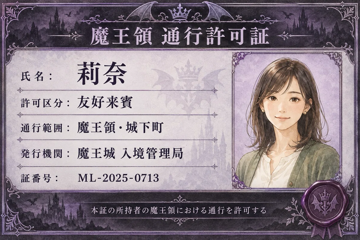 紫と黒の装飾枠に、茶色い髪の莉奈さんの肖像と「魔王領 通行許可証」「氏名:莉奈」が記された通行許可証。
