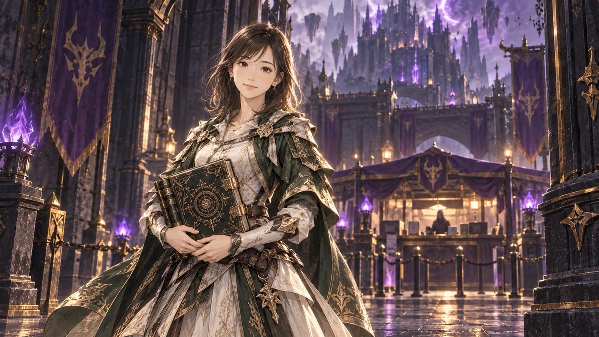 魔王領の入境管理所を背景に、白と深緑と金の鎧化衣装をまとった莉奈さんが、閉じた魔導書エルディアを両手で自然に抱えて立っている。
