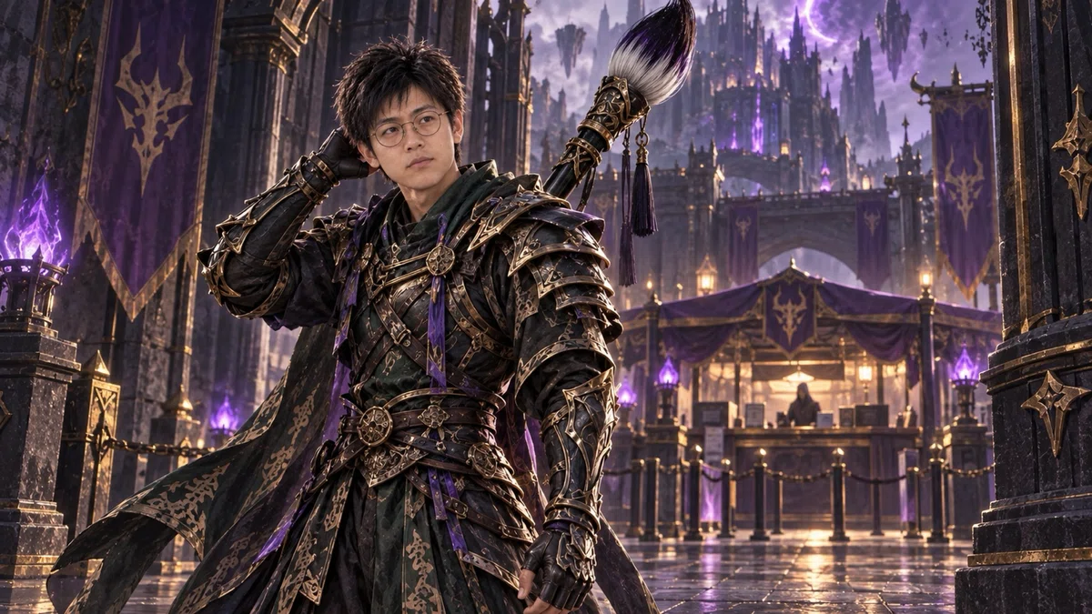 魔王領の入境管理所を背景に、黒と金の重厚な鎧をまとった丸眼鏡のモフが、巨大な神筆・変幻万象を背負って静かに立っている。