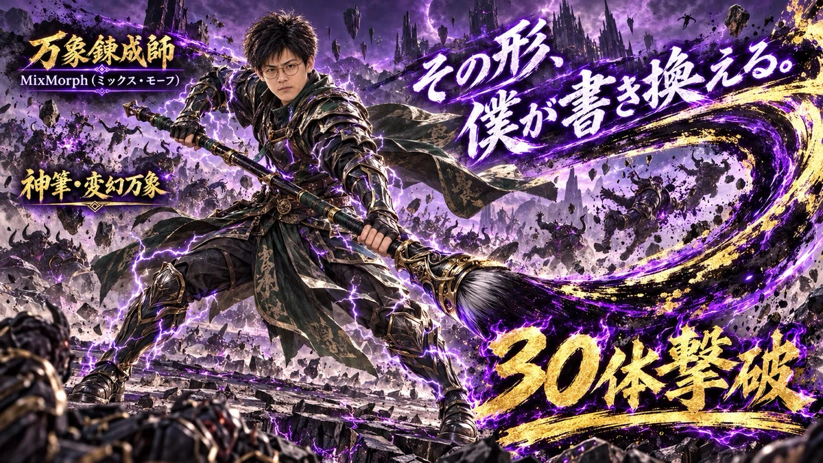 崩壊した魔王領の戦場で、黒と金の鎧をまとったモフが巨大な神筆・変幻万象を振るい、紫と金の筆跡で魔物の群れをなぎ払っている。「その形、僕が書き換える。」「30体撃破」と記されている。