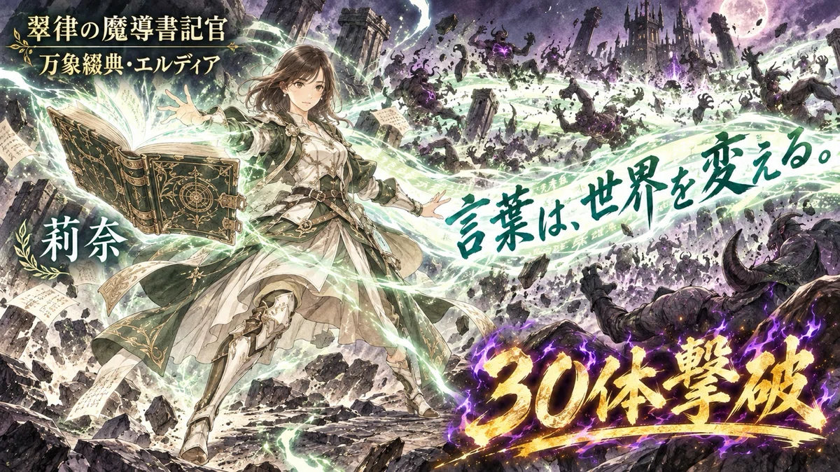 崩壊した魔王領の戦場で、白と深緑の衣装をまとった莉奈さんが魔導書エルディアを開き、白緑色の文字列と光の術式で魔物の群れを吹き飛ばしている。「言葉は、世界を変える。」「30体撃破」と記されている。