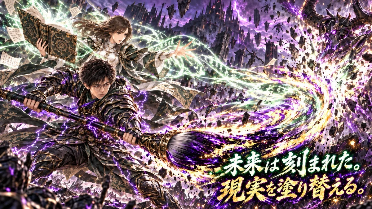 魔導書を開く莉奈さんの白緑色の術式と、巨大な筆を振るうモフの紫と金の力が合流し、右側の魔物をまばゆい光で撃破している。「未来は刻まれた。現実を塗り替える。」と記されている。