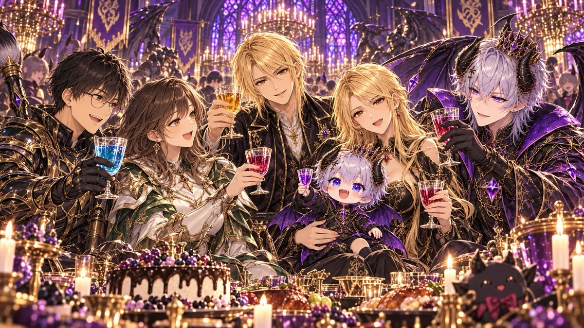 紫のステンドグラスと金色の燭台に彩られた魔王城の祝賀会場で、鎧姿のモフと莉奈さん、中央のネロ王子、美女化したネロ王子、その膝に座るちび魔王、翼を広げた魔王が、色鮮やかなグラスを掲げて笑顔で乾杯している。